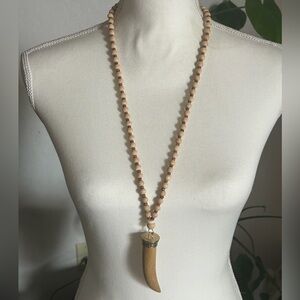 Vintage Tan Wood Beads &  Horn Pendant Necklace